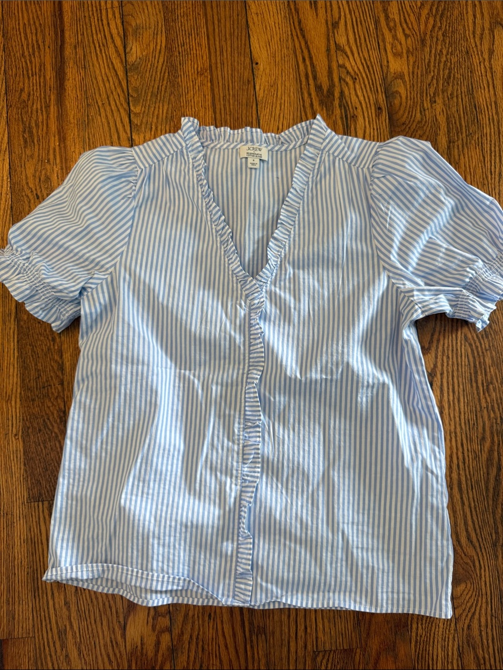 J. Crew Light Blue and White Striped Ruffle V-Neck Blouse